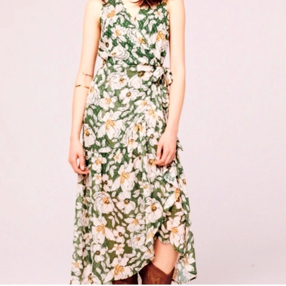 BAND OF GYPSIES Floral Green Midi Faux Wrap Dress, Size Medium
